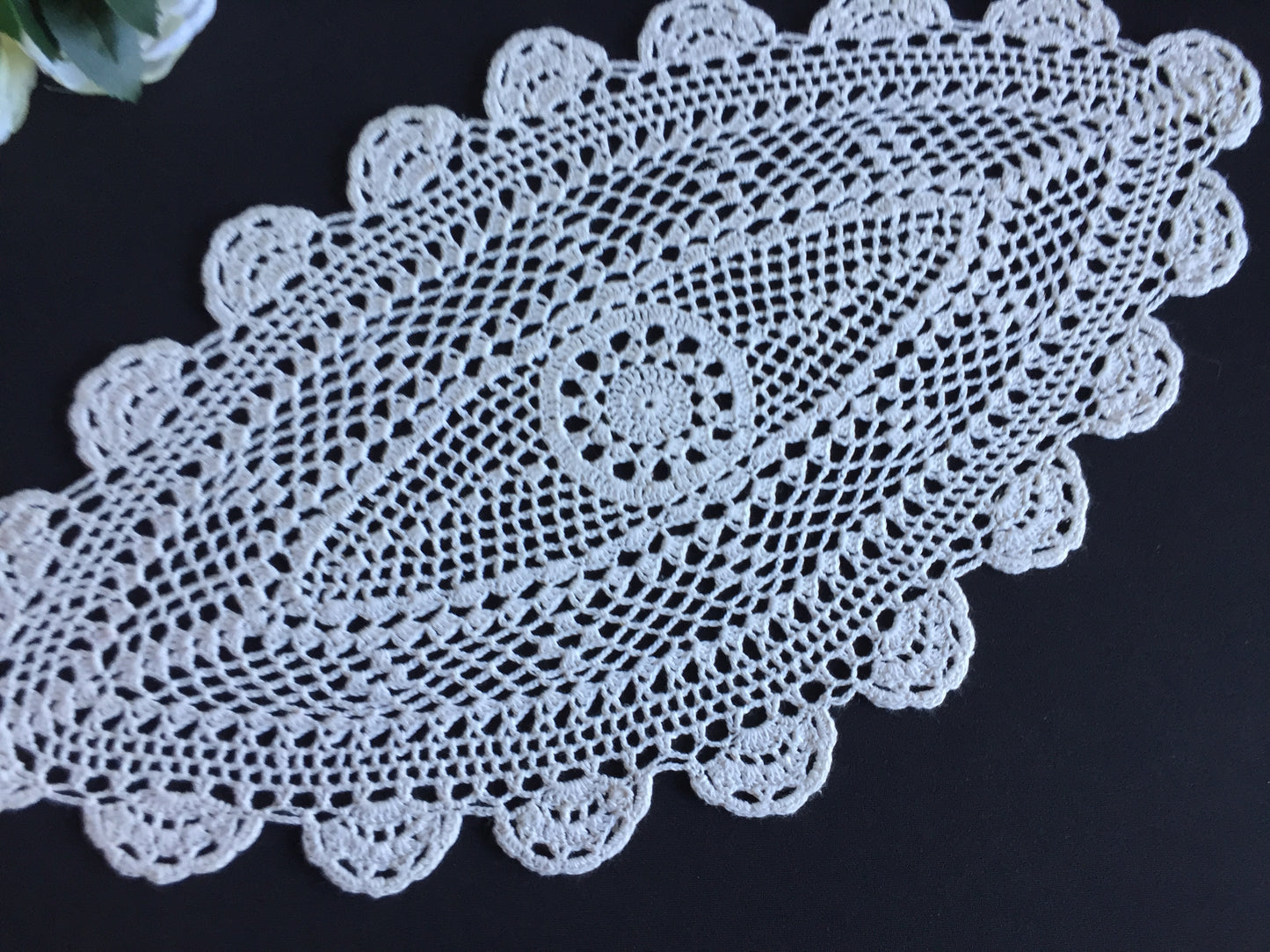 Vintage Oblong Off-white Cotton Crochet Lace Table Centre Doily | Tray Cloth