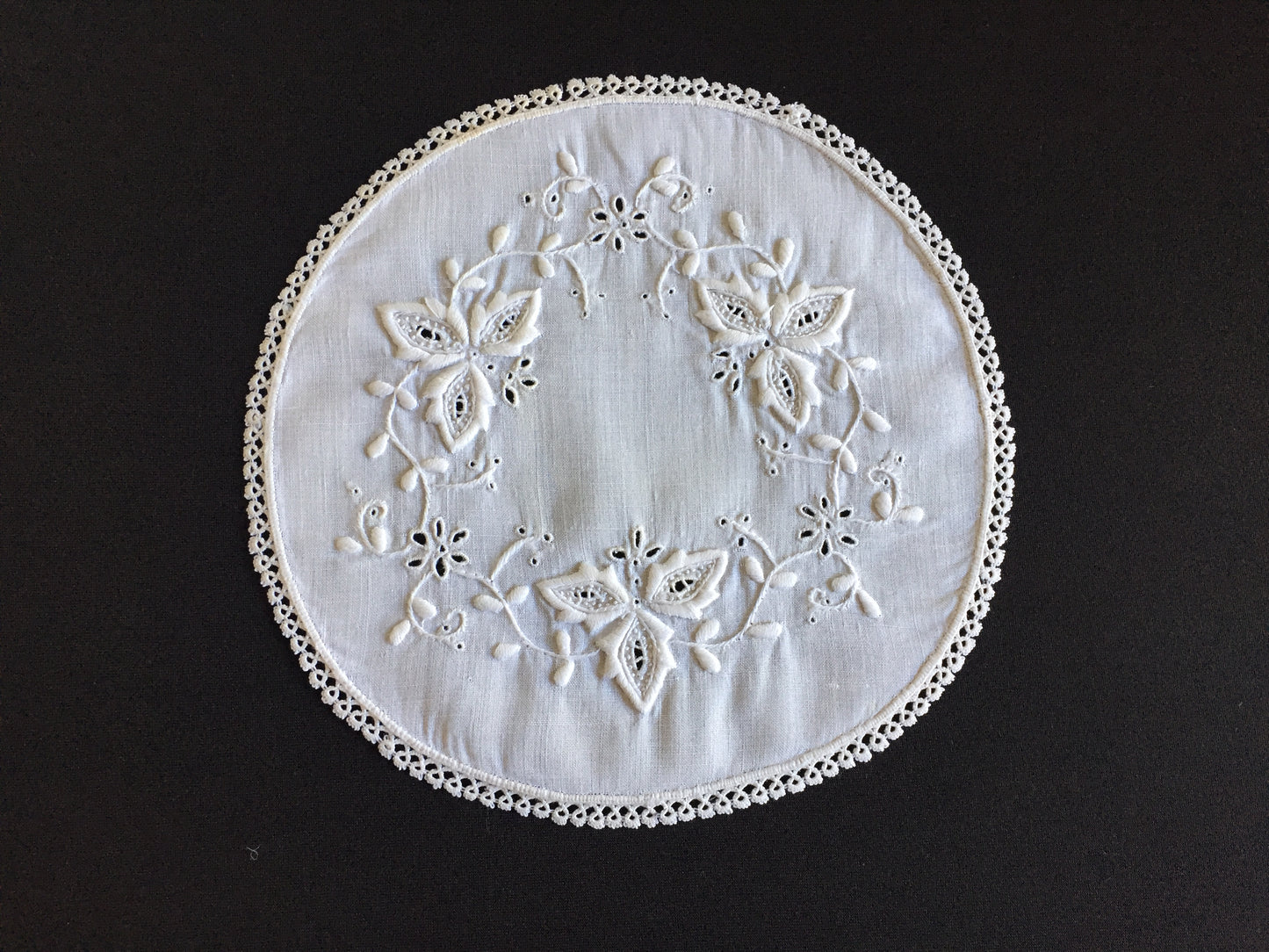 Edwardian Antique Hand Embroidered Cutwork Broderie Anglaise Doily