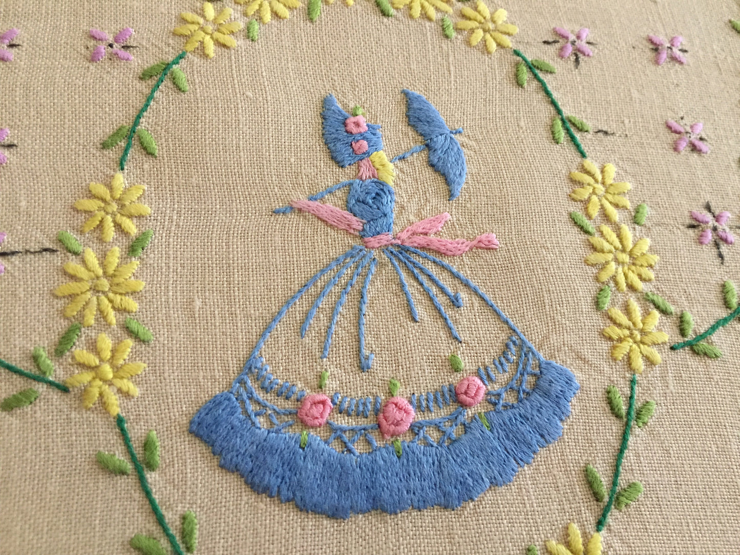 Vintage Embroidered Linen Table Runner, Crinoline Lady Design