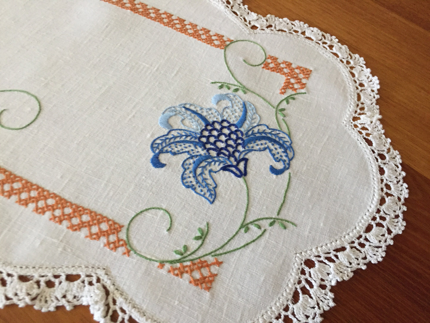 Australian Vintage Hand Embroidered Table Runner | Blue Floral Design
