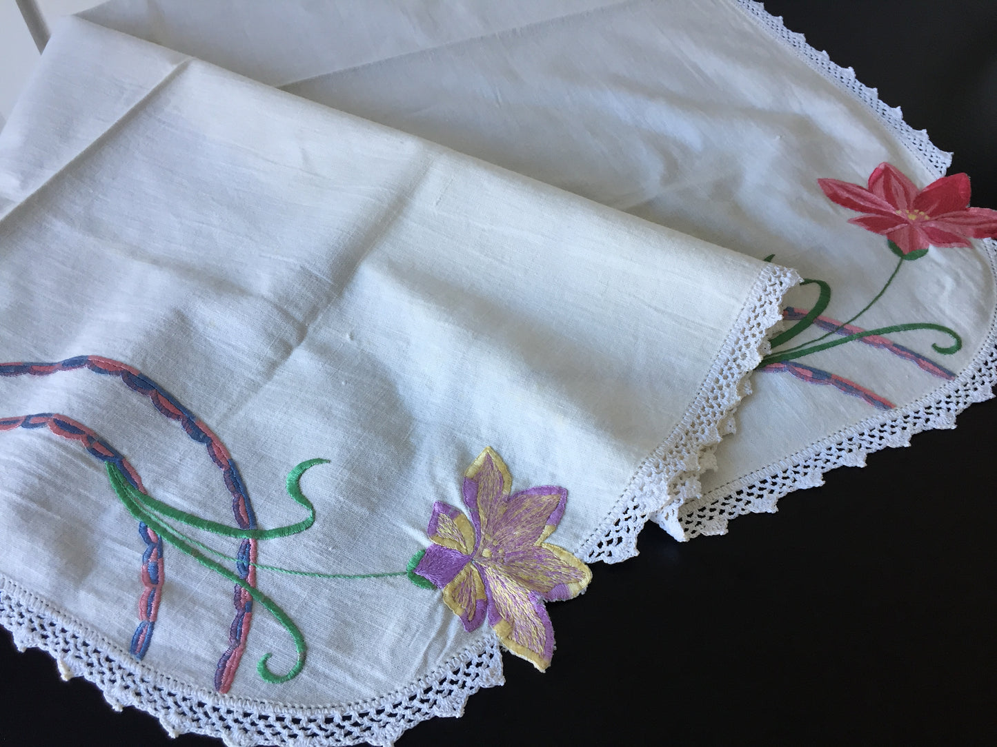 Australian Vintage Art Deco Floral 35" Hand Embroidered Tablecloth