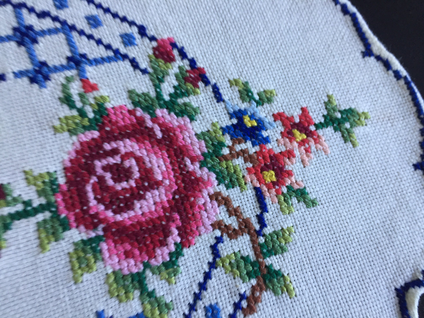 Vintage Counted Cross Stitch Hand Embroidered 3 Piece Floral Duchess Set