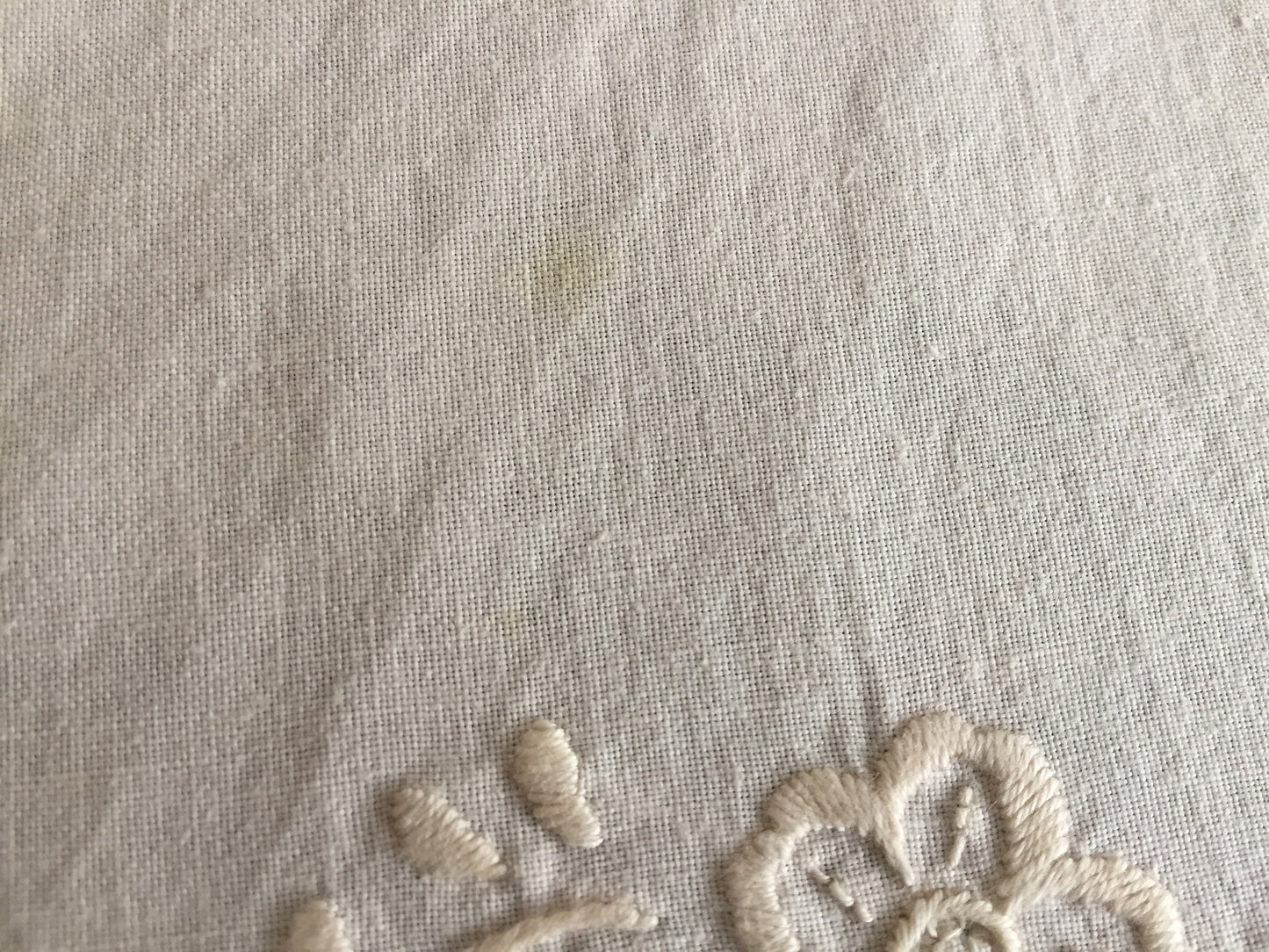 Hand Embroidered Vintage Beige Cotton & Battenburg Lace 35" Tablecloth