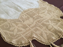Load image into Gallery viewer, Collectible Vintage Linen Buffet Scarf with Mary Card Designed "BIRD and NEST" Filet Crochet Lace (1925, and Crochet Book No. 7 1928)