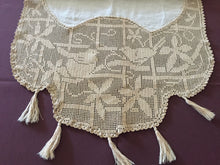 Load image into Gallery viewer, Collectible Vintage Linen Buffet Scarf with Mary Card Designed "BIRD and NEST" Filet Crochet Lace (1925, and Crochet Book No. 7 1928)