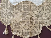 Load image into Gallery viewer, Collectible Vintage Linen Buffet Scarf with Mary Card Designed "BIRD and NEST" Filet Crochet Lace (1925, and Crochet Book No. 7 1928)
