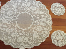 Load image into Gallery viewer, BLUE BELLS and COCKATOOS Mary Card Designed Crochet Lace 5 Piece Large Centrepiece and Round Doilies Set (cca 1930s)