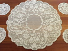 Load image into Gallery viewer, BLUE BELLS and COCKATOOS Mary Card Designed Crochet Lace 5 Piece Large Centrepiece and Round Doilies Set (cca 1930s)