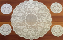 Load image into Gallery viewer, BLUE BELLS and COCKATOOS Mary Card Designed Crochet Lace 5 Piece Large Centrepiece and Round Doilies Set (cca 1930s)