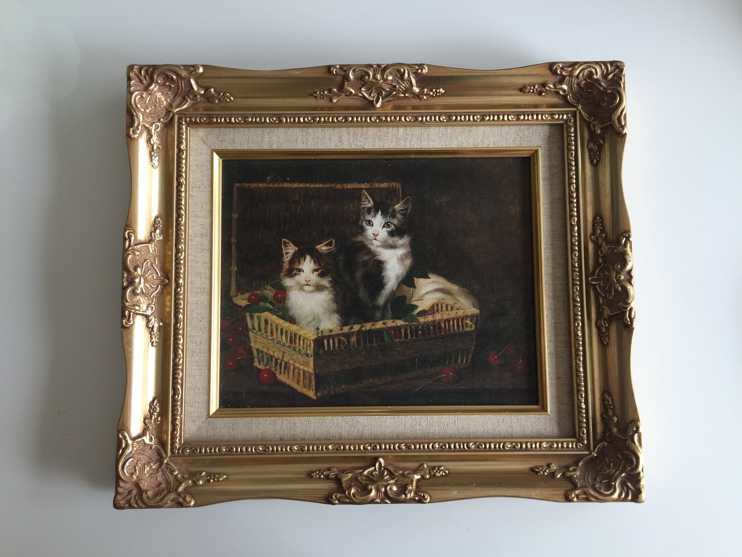 French Vintage Cat Picture in Gold Tone Ornate Frame (Kittens in a Basket of Cherries)