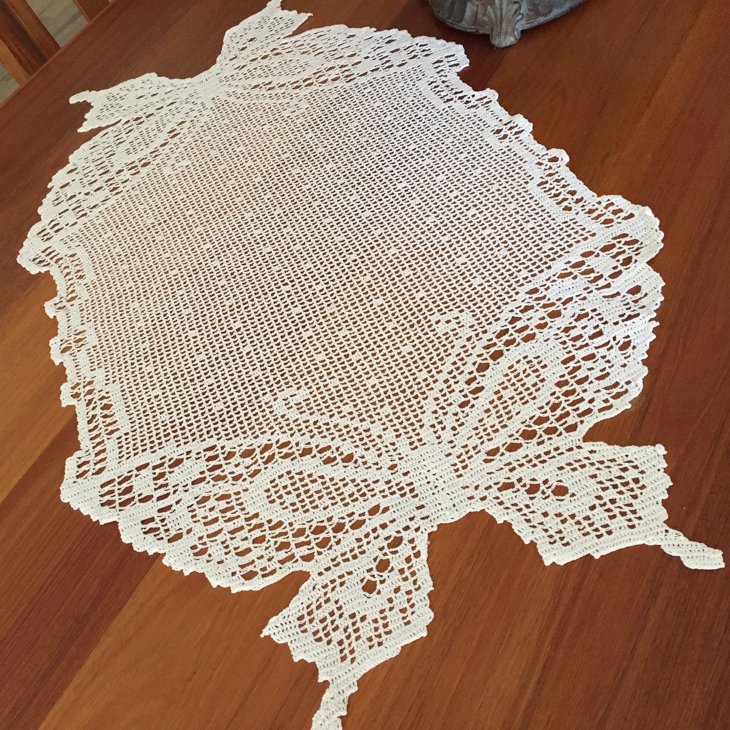 Large Crocheted White Cotton Filet Lace Table Centrepiece Doily | Table Runner