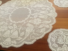 Load image into Gallery viewer, BLUE BELLS and COCKATOOS Mary Card Designed Crochet Lace 5 Piece Large Centrepiece and Round Doilies Set (cca 1930s)