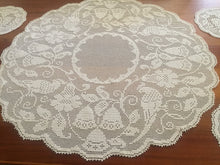 Load image into Gallery viewer, BLUE BELLS and COCKATOOS Mary Card Designed Crochet Lace 5 Piece Large Centrepiece and Round Doilies Set (cca 1930s)