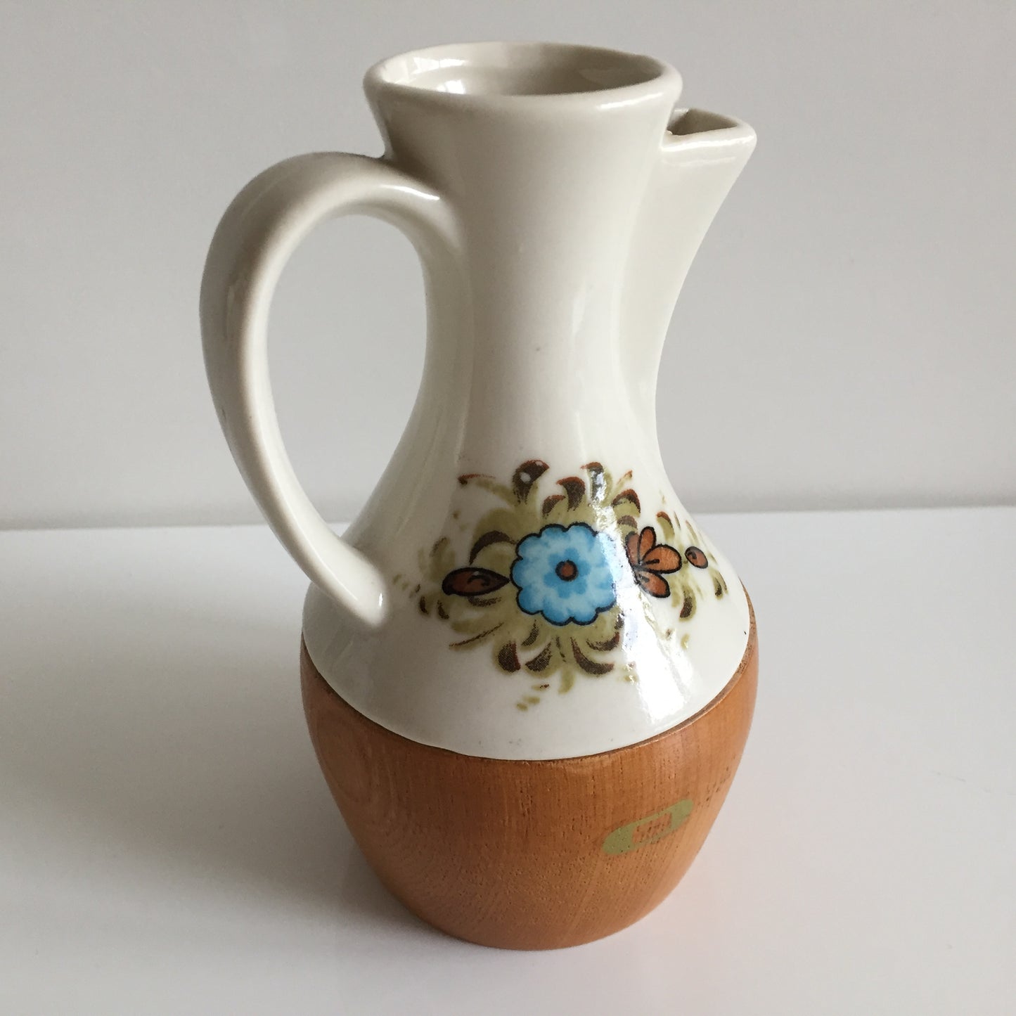 Japanese Made 1970s Vintage Ceramic and Wood Oil Cruet
