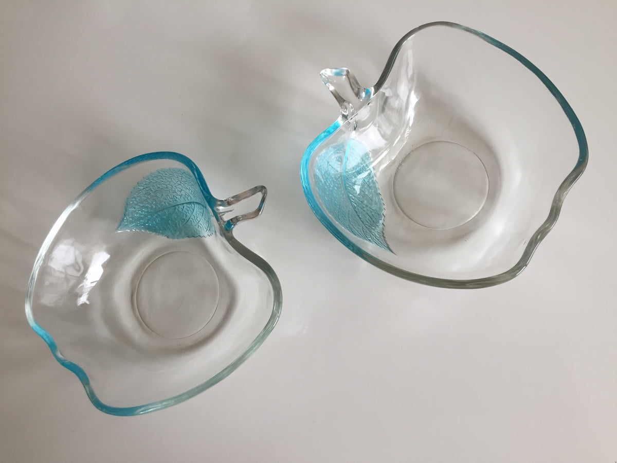 Pair of Vintage KIG Indonesia Apple Shaped Fruit | Berry Bowl Textured Leaf Aqua Blue