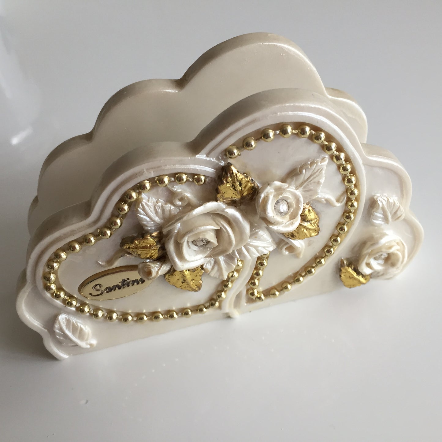 Vintage Ceramic Serviette Holder with Capodimonte Style Roses, Hearts & Beads