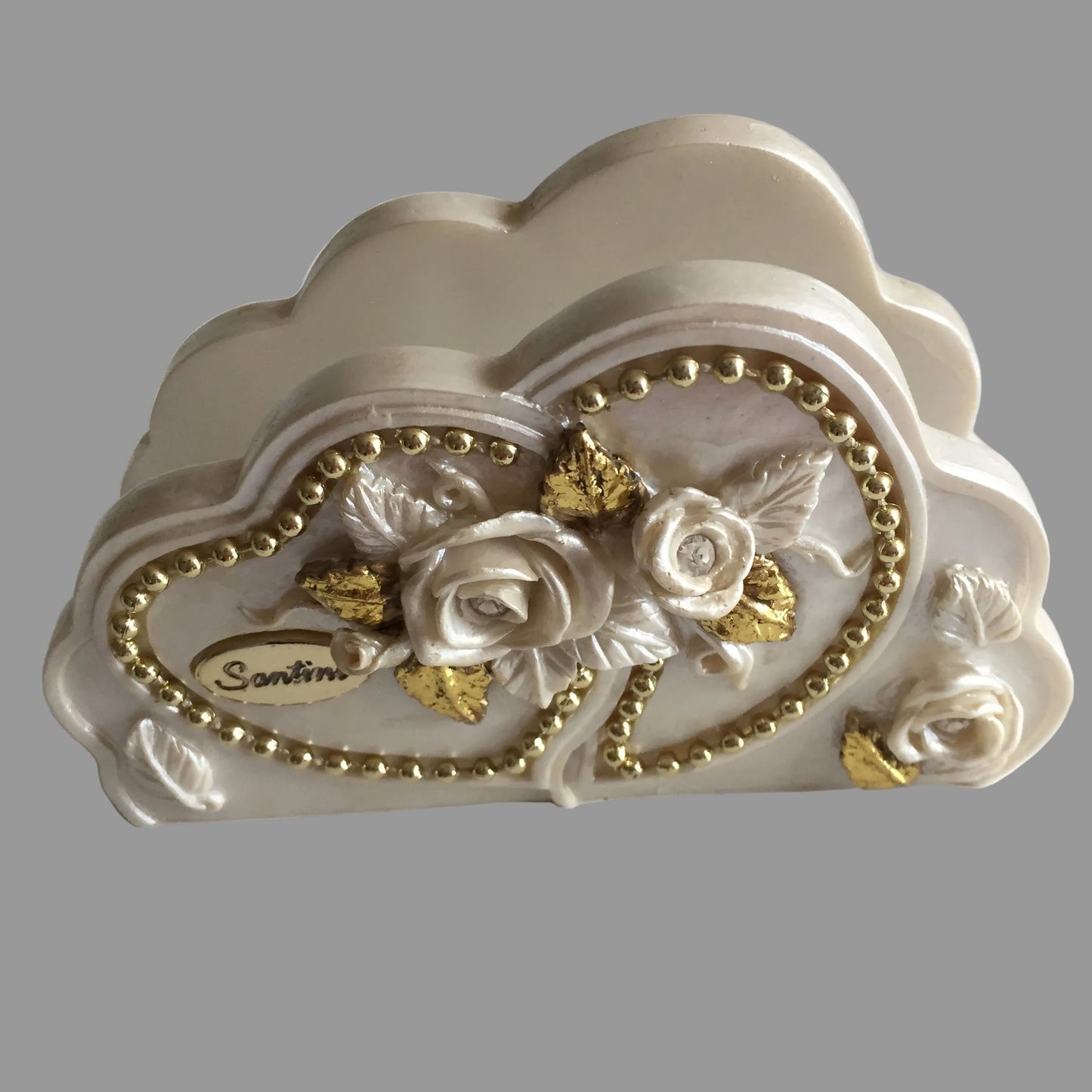 Vintage Ceramic Serviette Holder with Capodimonte Style Roses, Hearts & Beads