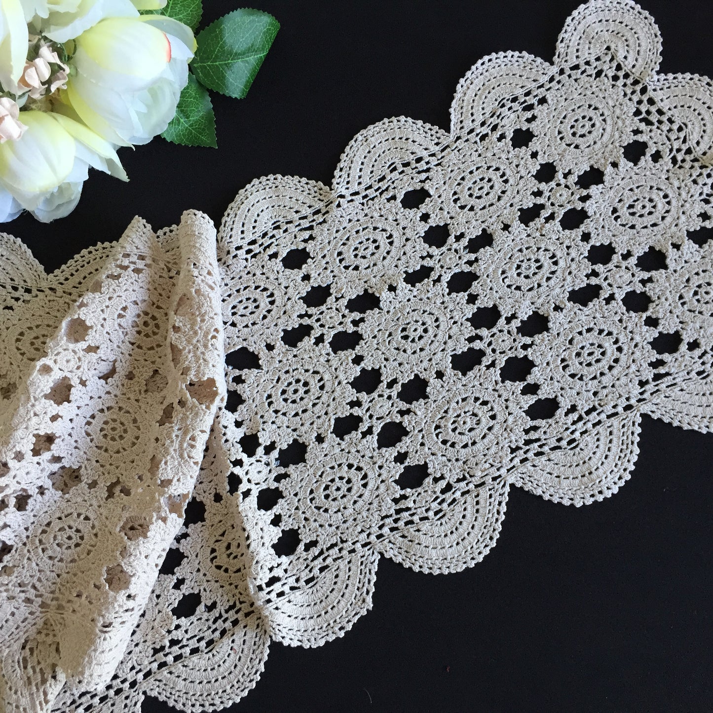 Ecru Cotton Crochet Lace Table Runner | Handmade Vintage