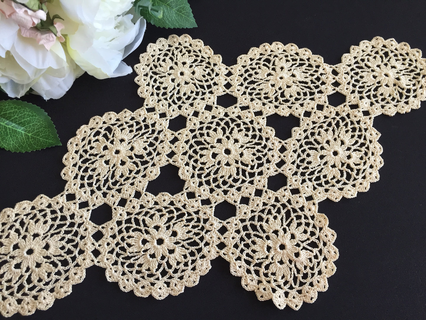 Handmade Mid Century Vintage Crochet Lace Oblong Ecru Cotton Doily