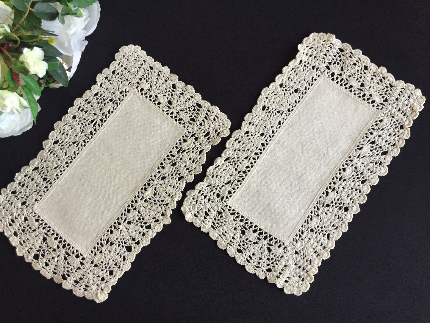 A Pair of Edwardian Antique Linen Centre Doilies with a Crochet Lace Border