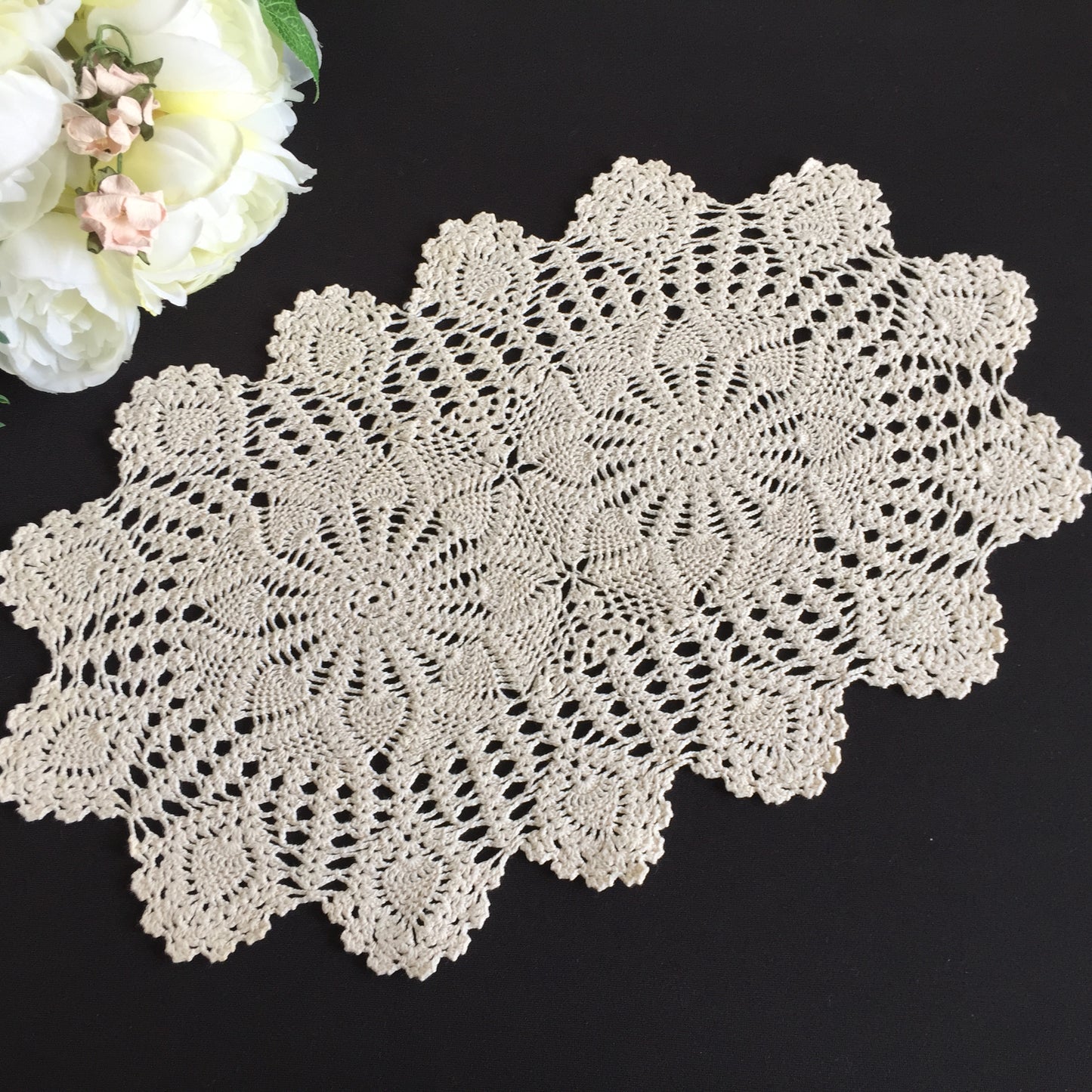 Vintage Crocheted Lace Doily | Handmade Beige Tray Cloth with Pineapple Pattern