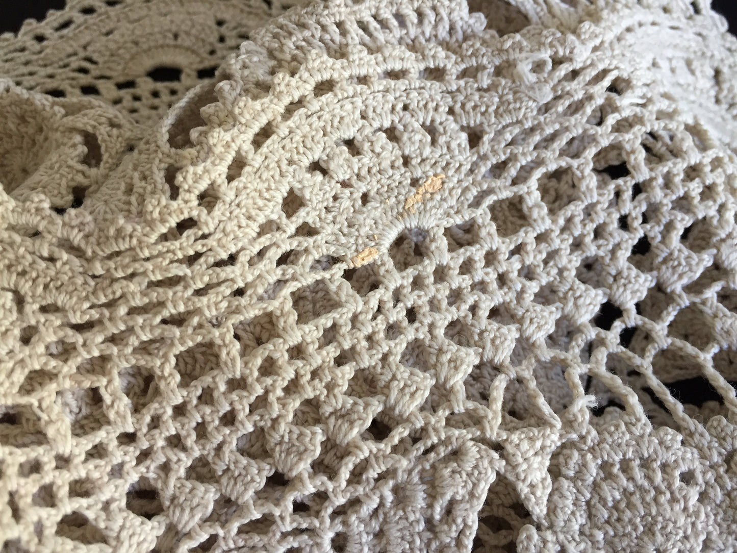 1970s Crochet Lace Table Runner | Handmade Vintage Beige Cotton