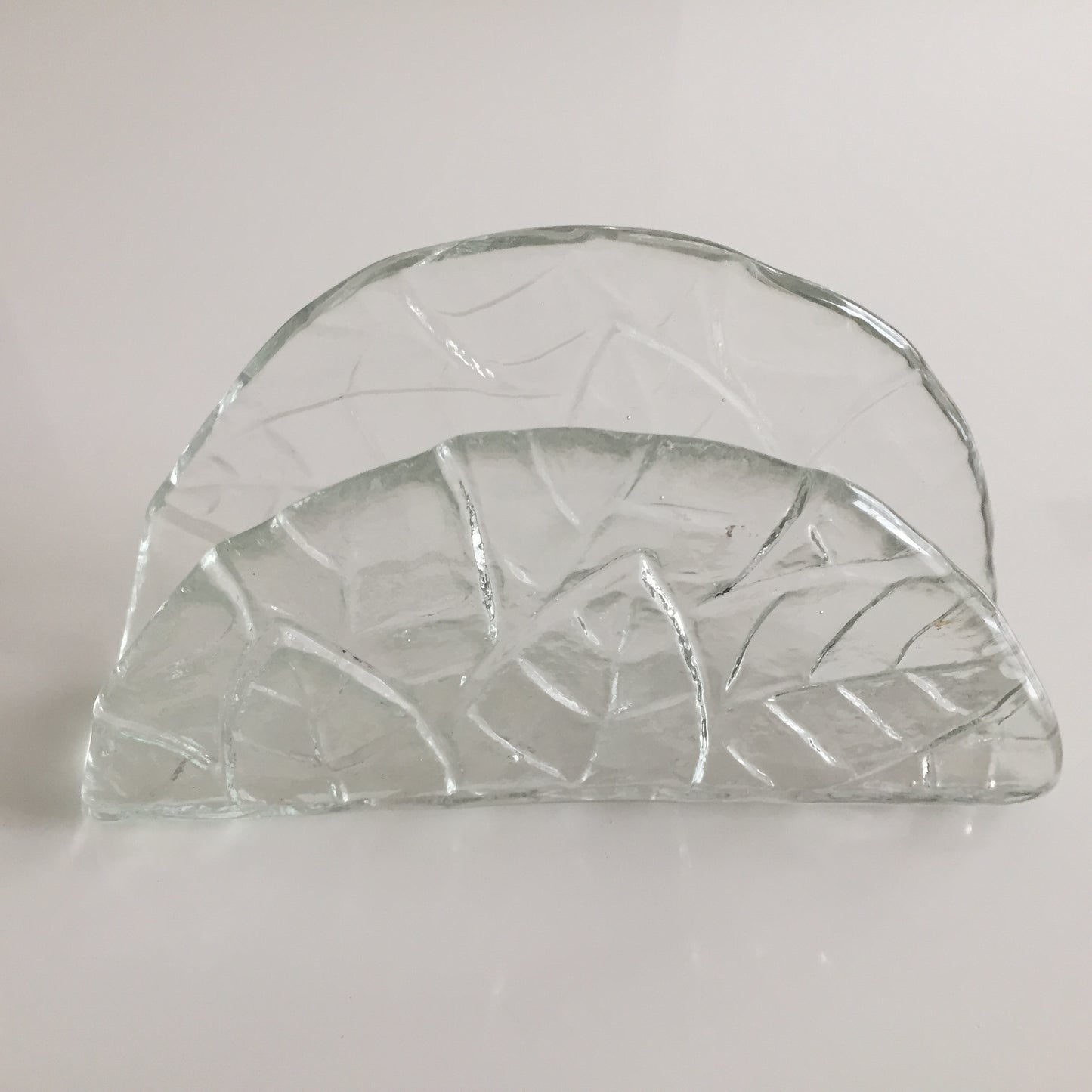 Vintage Clear Glass Serviette Holder with Semi-Circular Design and Pressed Leaves Pattern