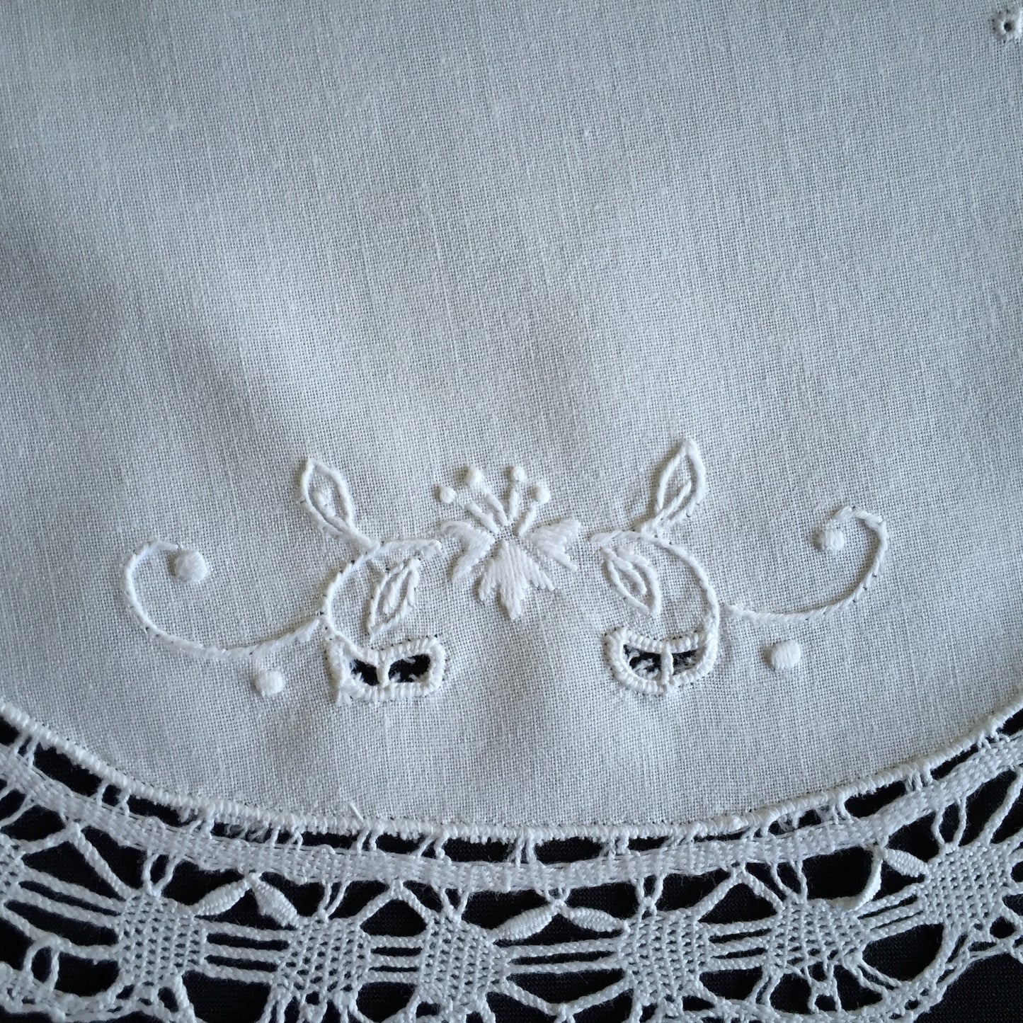Vintage Hand Embroidered Whitework Tray Cloth Doily with Lace Edging