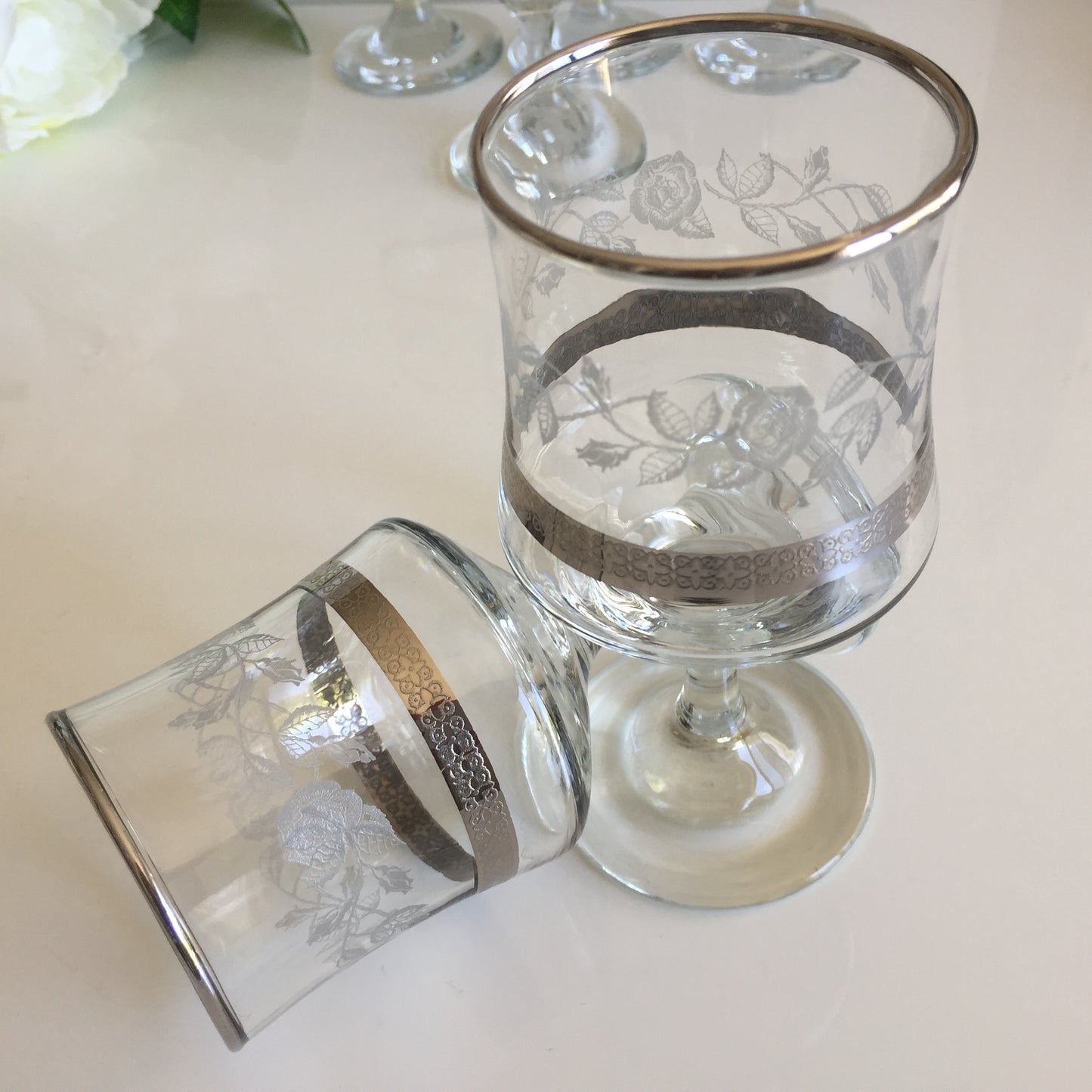 VINTAGE DEMA SILVER Rose Wine Glasses Set of 6 | 1970s British Etched Glassware