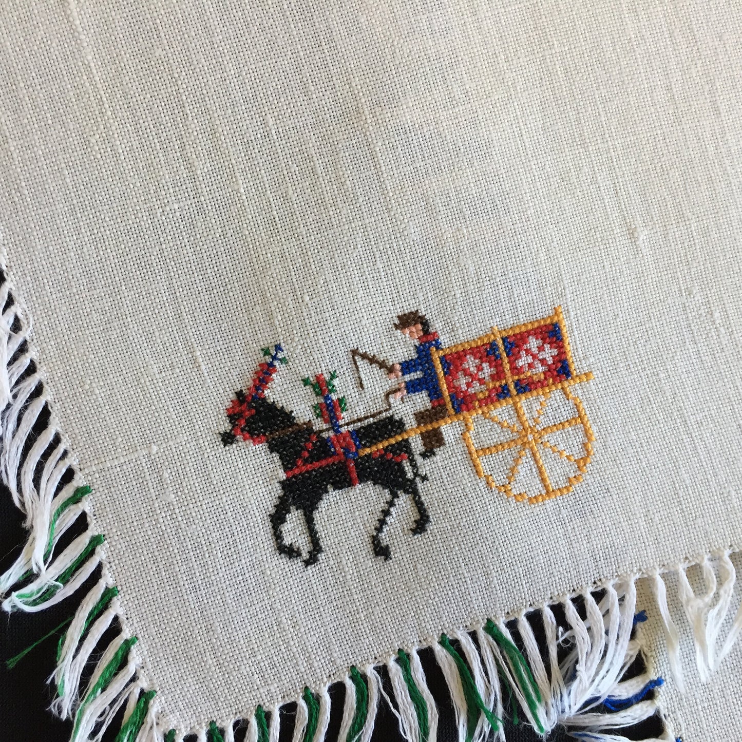 Cross Stitch Embroidered Reusable Vintage Cotton Napkin with Fringe