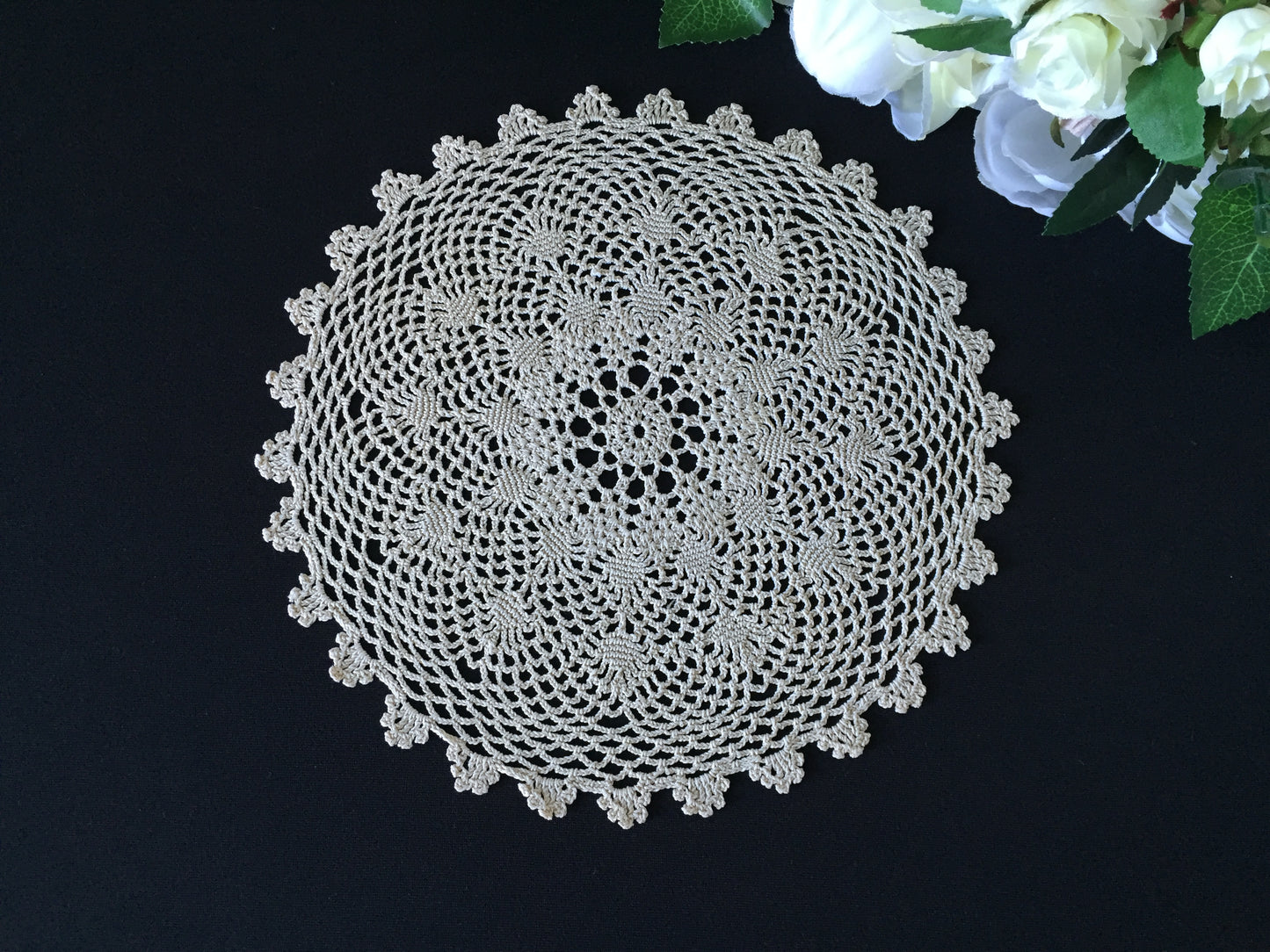 Spider Patterned Ecru Cotton 9" Crocheted Lace Doily Handmade Vintage 1970s