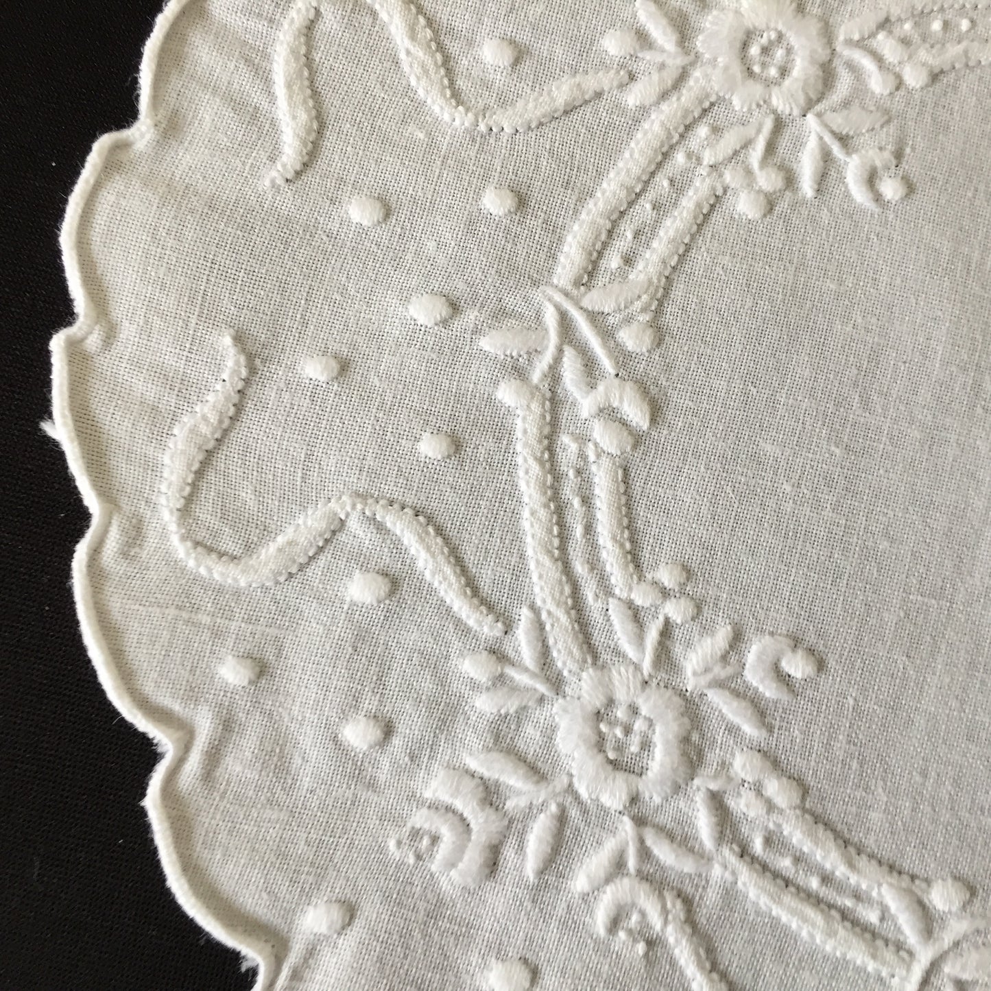 Hand Embroidered 9" Vintage Whitework Doily with Scalloped Edging