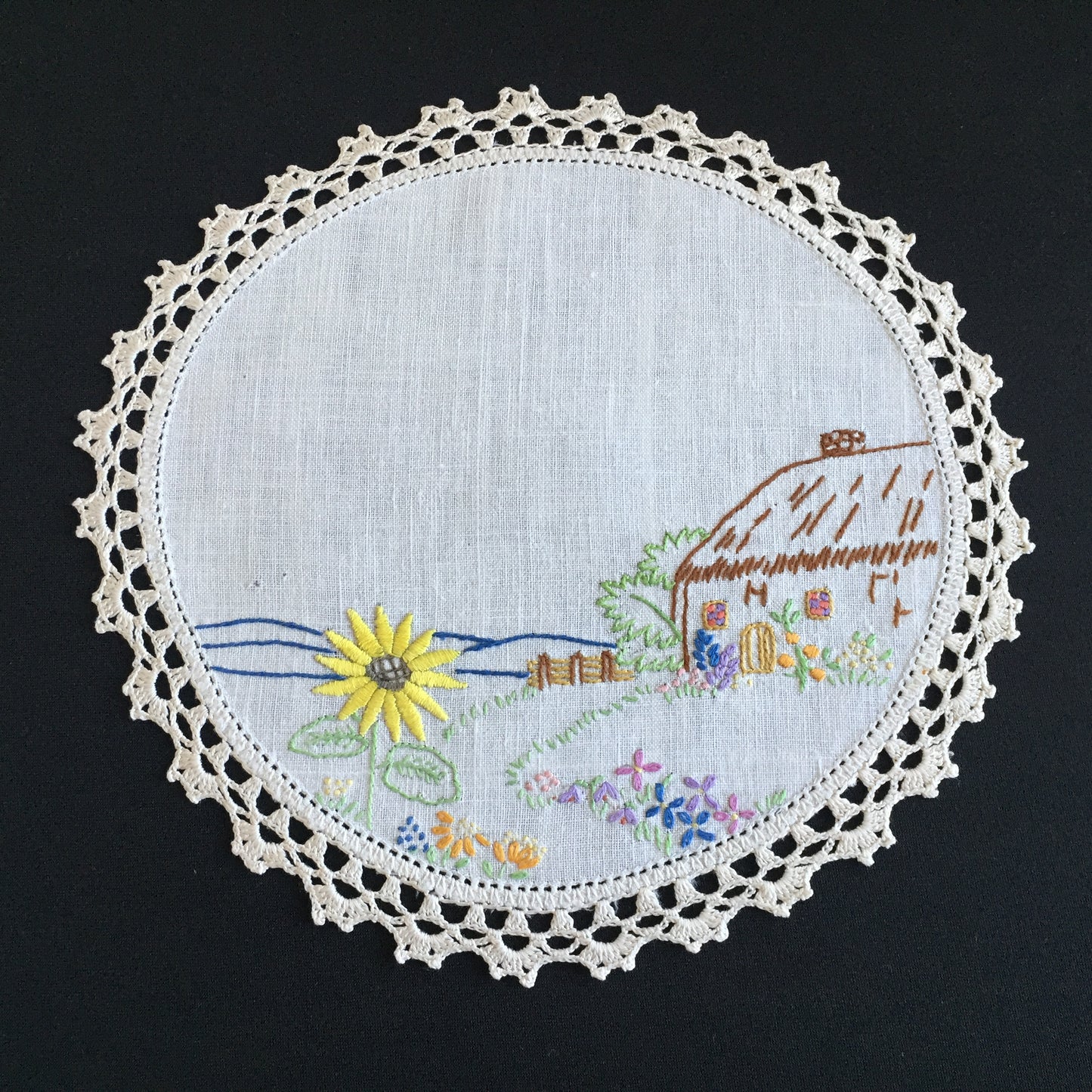 Vintage Collectible Hand Embroidered Doily with Country Cottage Garden Design