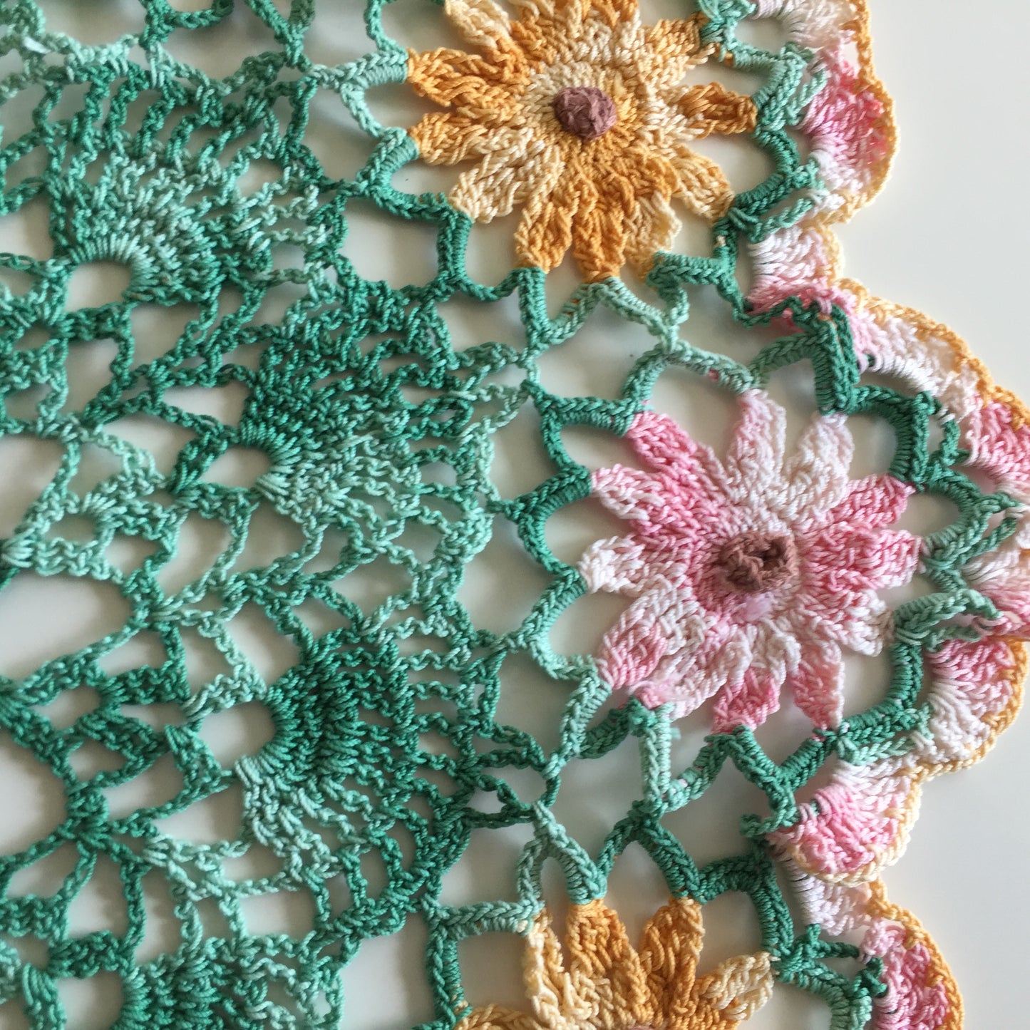 Vintage Crochet Lace Doily or Table Centre Mat with Pink and Orange Floral Pattern
