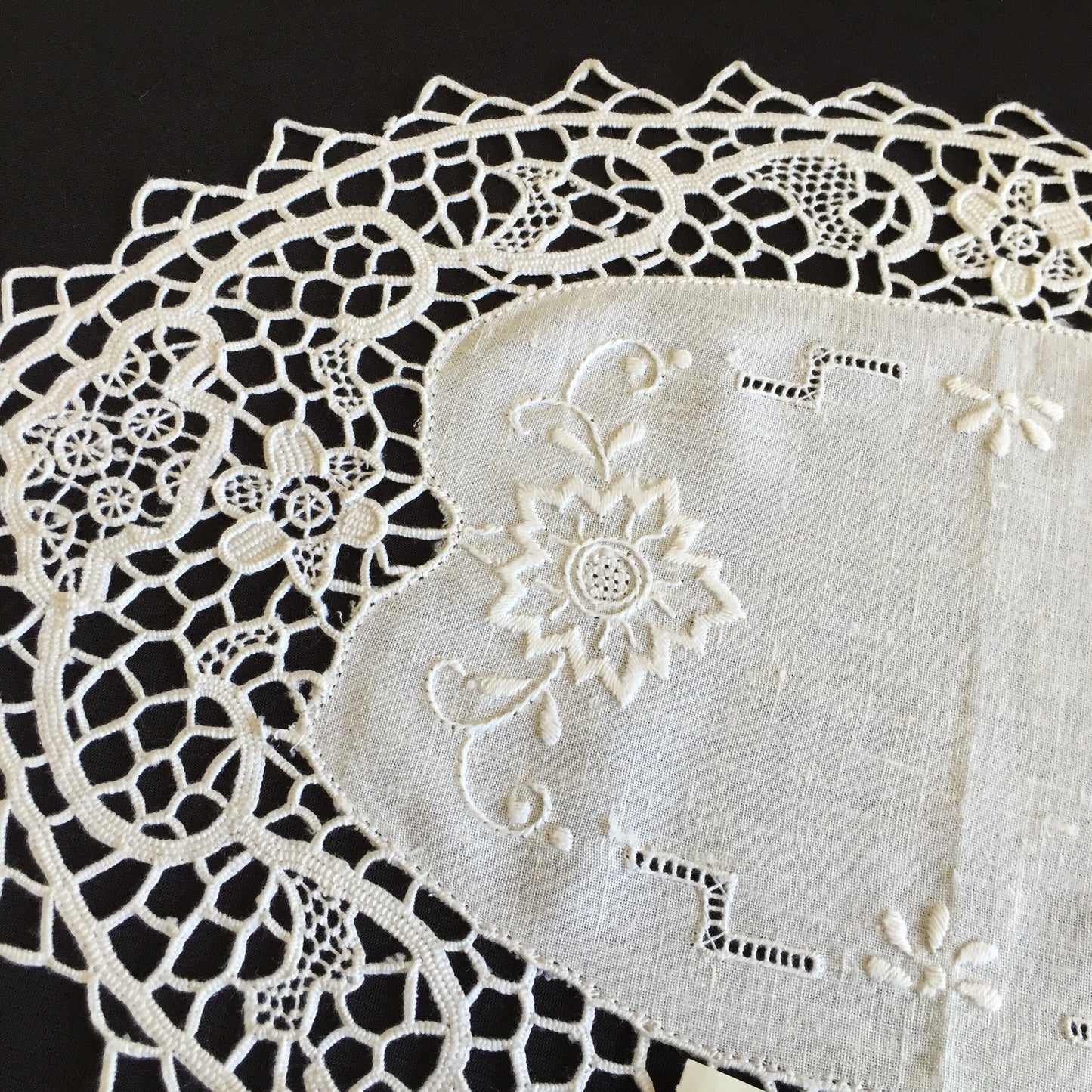 Unused Vintage Oval Hand Embroidered White Doily with a Venetian Lace Border