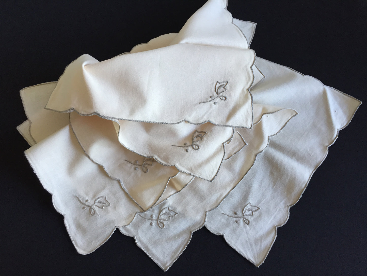 Set of 6 Hand Embroidered Unused Vintage Cloth Napkins in Natural Colours