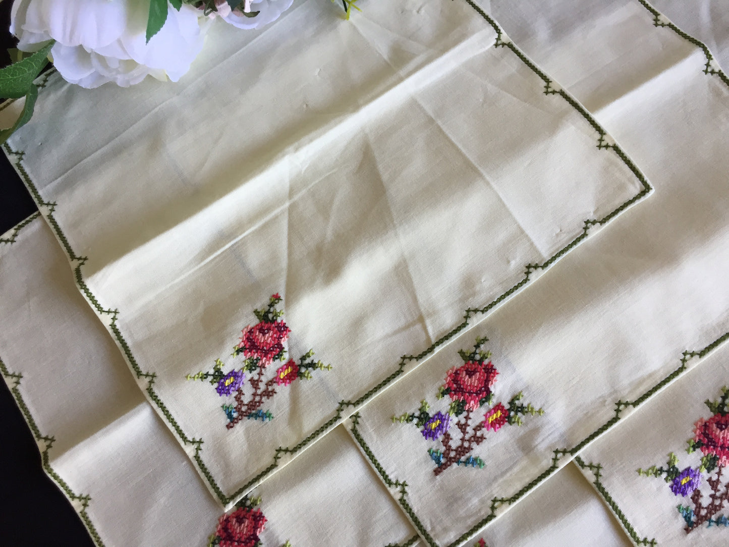 Vintage Cross Stitch Hand Embroidered Cotton Reusable Napkins