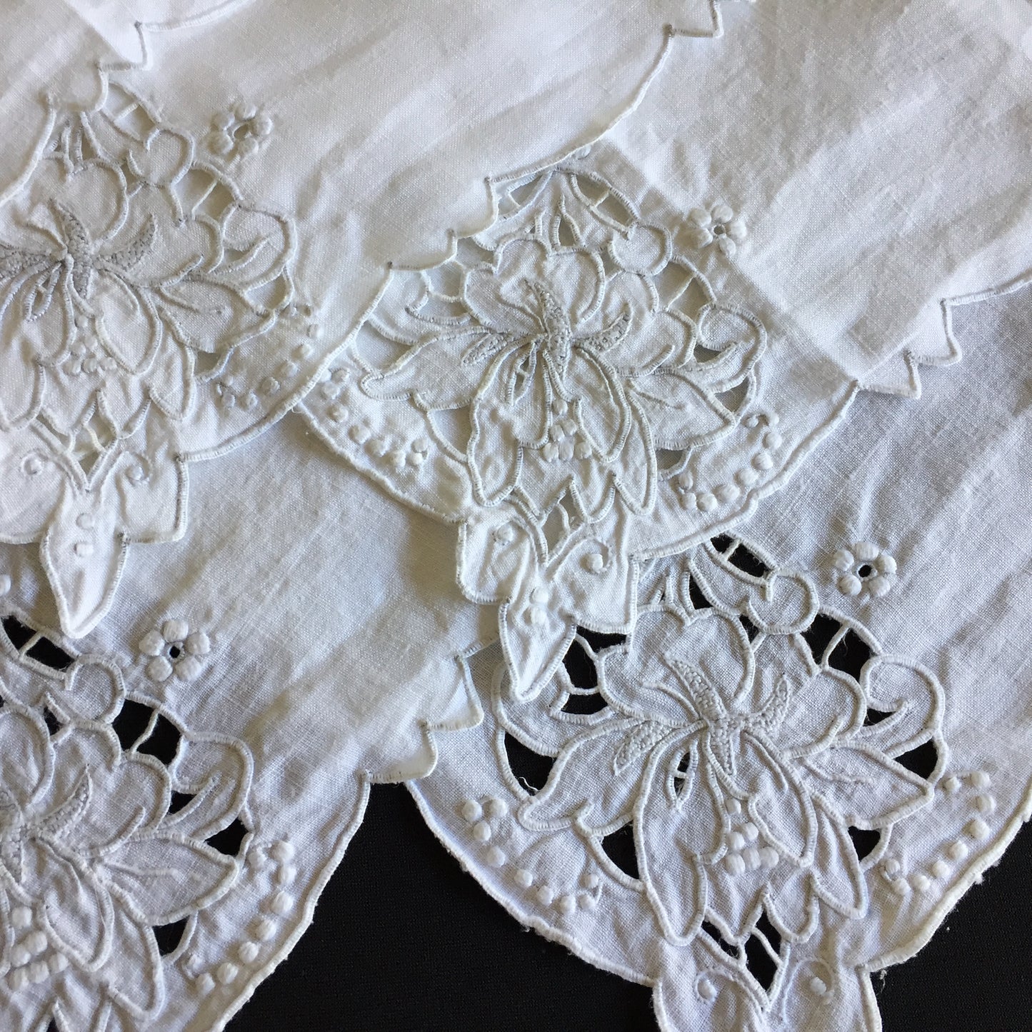 Set of 6 Edwardian Antique Madeira Hand Embroidered White Reusable Linen Napkins