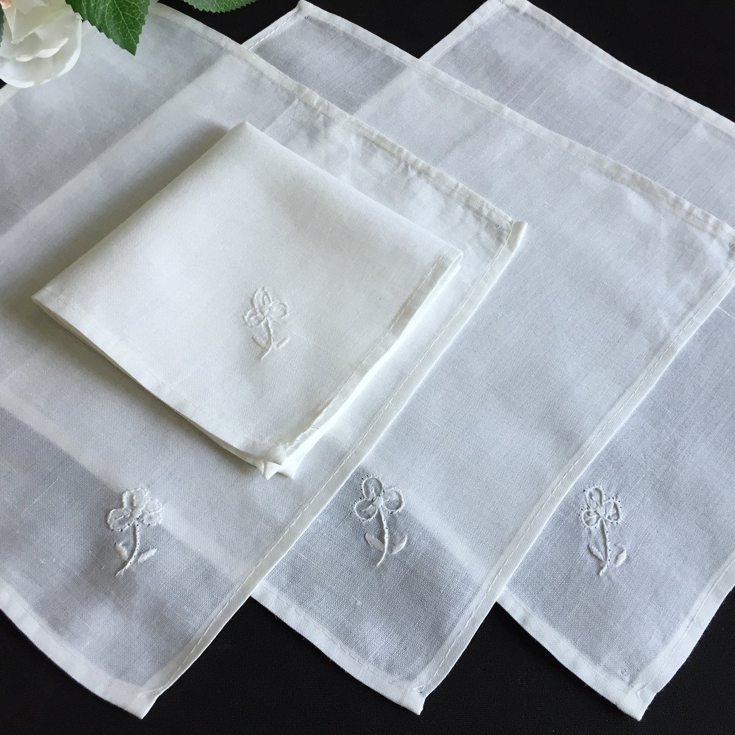 Unused Vintage Set of 4 Hand Embroidered Small White Cocktail Napkins