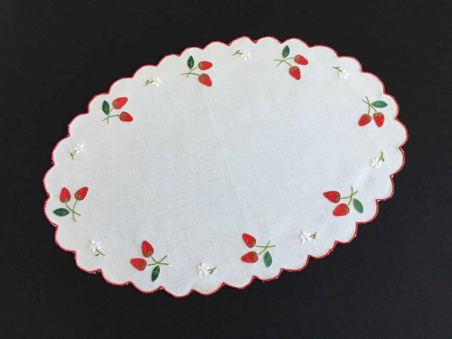 Vintage White Cotton Doily with Hand Embroidered Strawberry Pattern