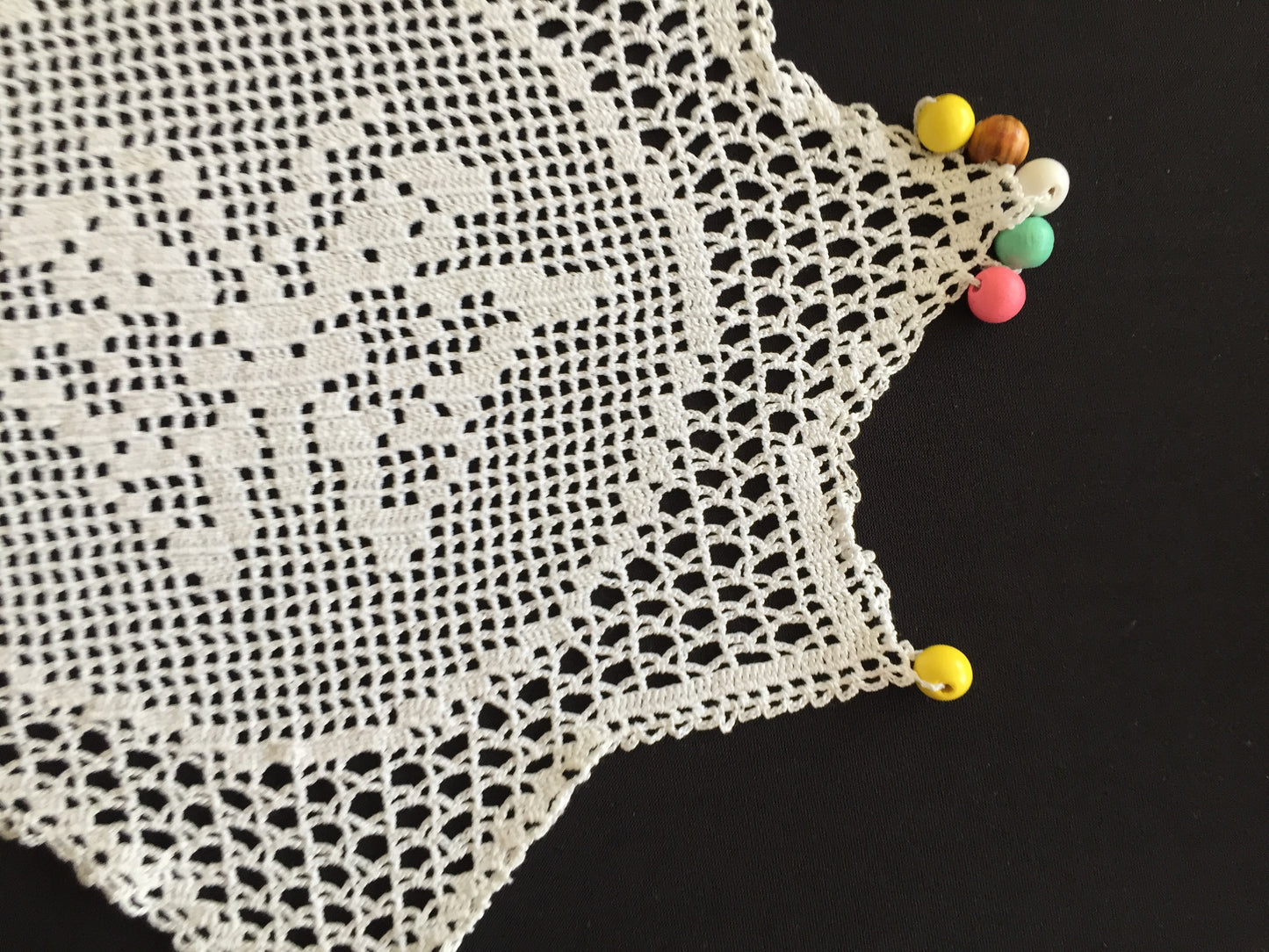 White Filet Crochet Lace Beaded Jug Cover Doily with Butterfly