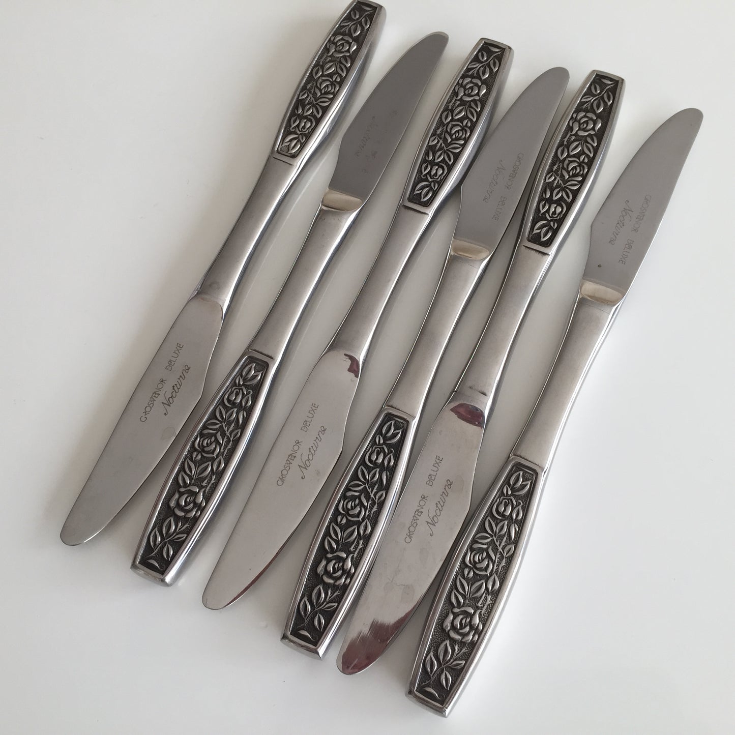 Stainless Steel Vintage Flatware Set of 6 Grosvenor Deluxe Nocturne Pattern 8" Knives