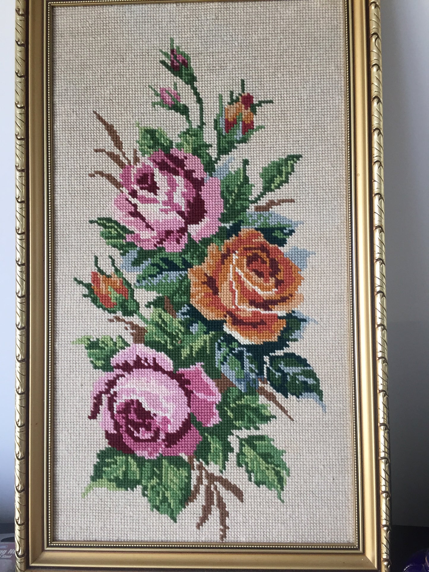 Framed Needlepoint Roses Picture Gobelin Tapestry 1990s Vintage