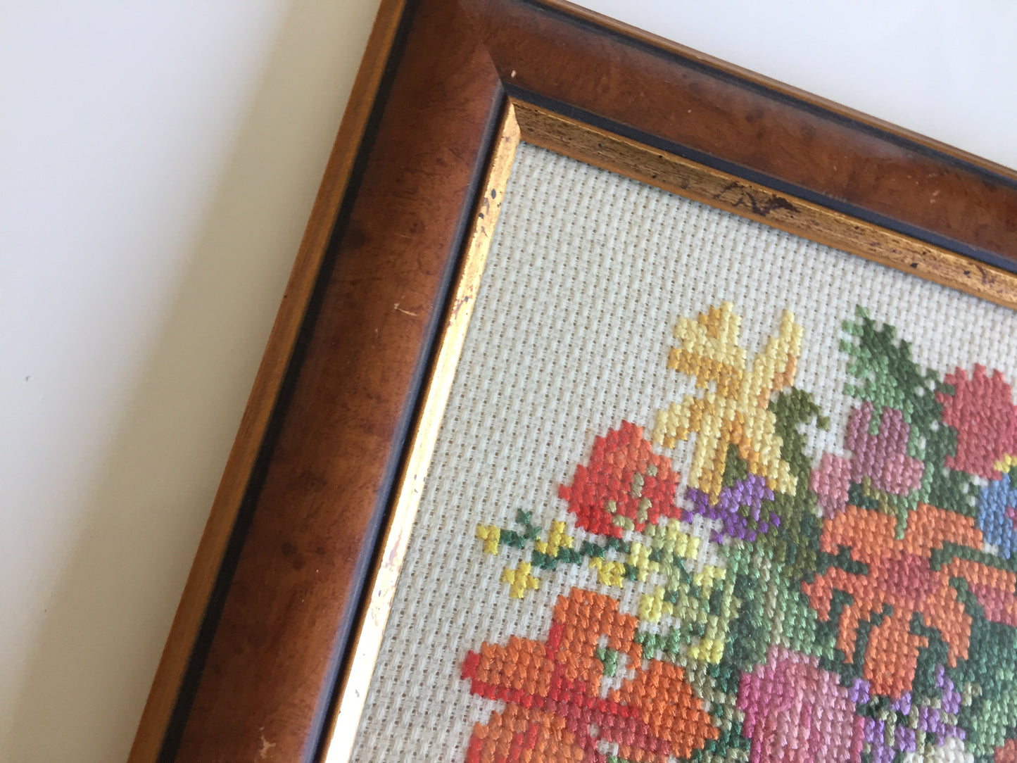 Framed Vintage Tapestry Picture | Cross Stitch Flower Basket