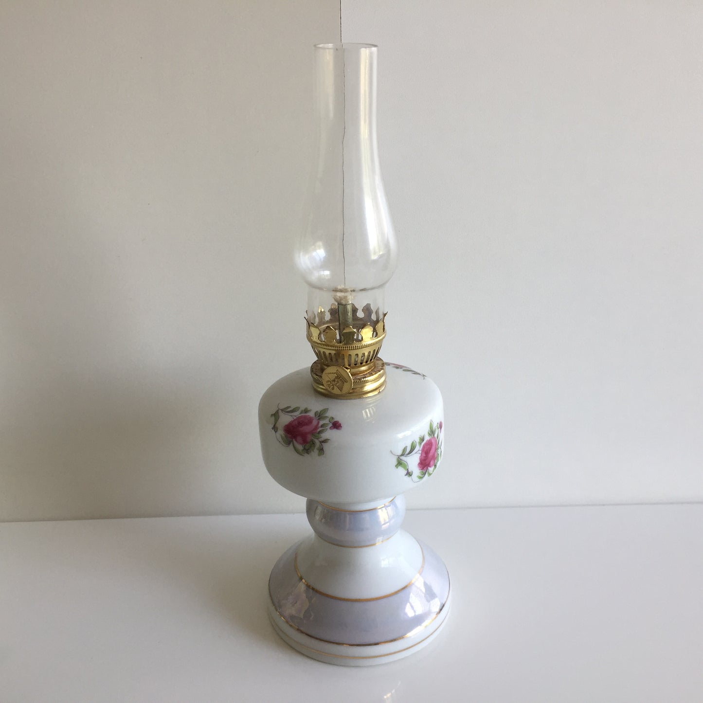 Unused Japanese Vintage Lustreware Oil Lamp with Pink Roses Design