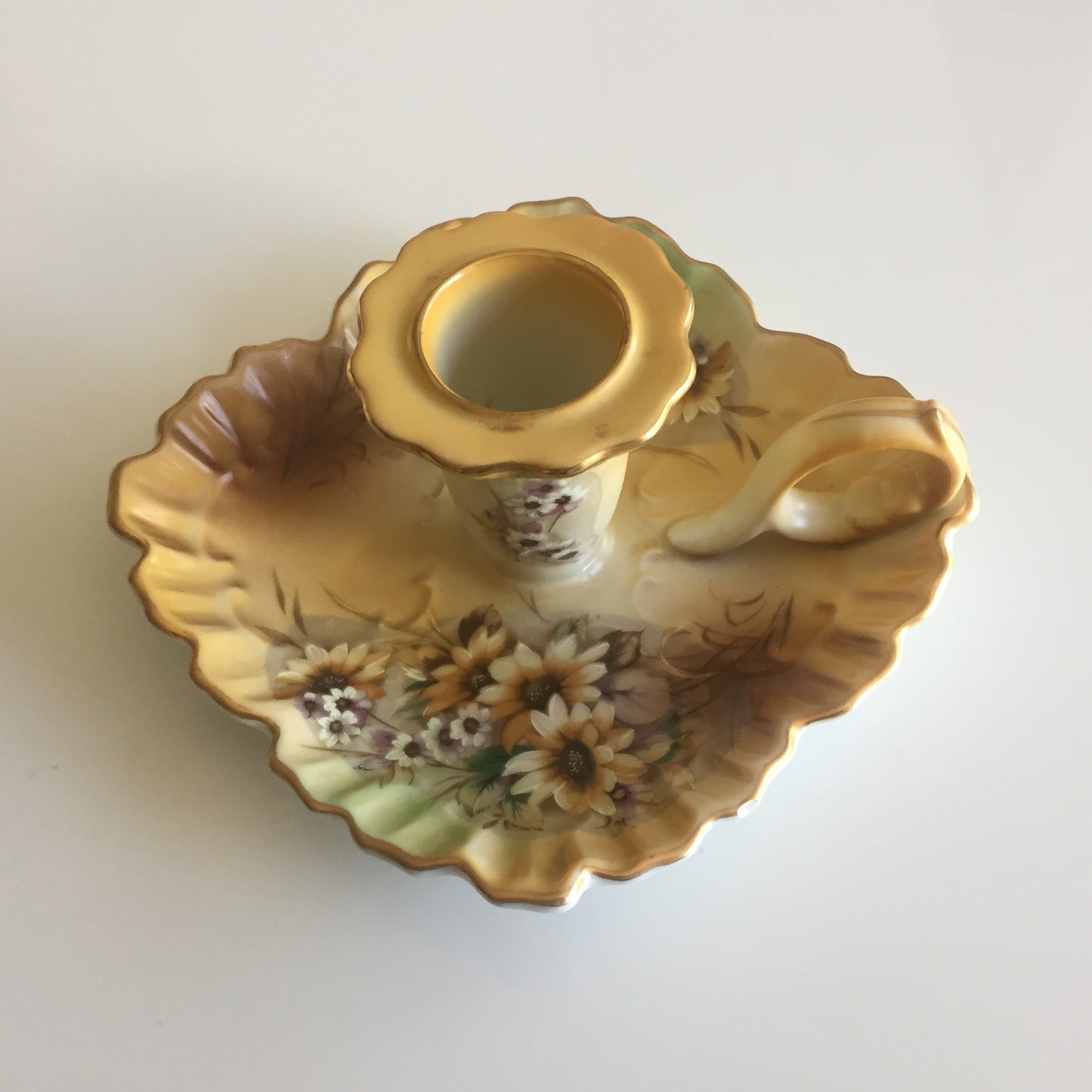 Hand Painted Japanese Vintage Single Candlestick Holder with Handle and Drip Tray