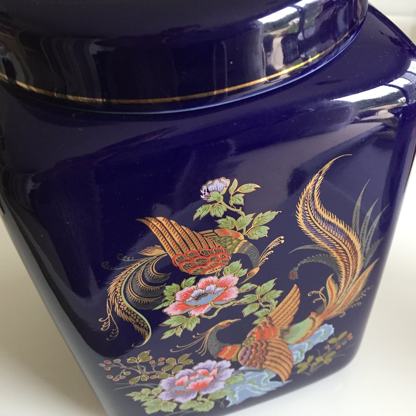 Cobalt Blue Oriental Ginger Jar | Tea Canister With Lid | Gilded Pheasant & Floral Design