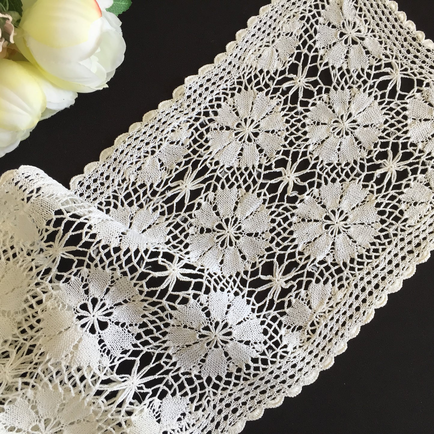 White Cotton Knitted Lace Table Runner | Handmade Vintage