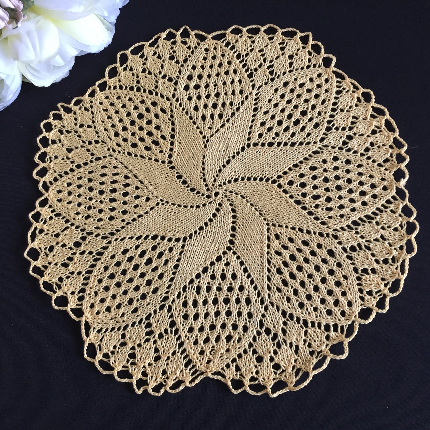 Hand-Knitted Orange & Yellow Cotton Lace Round Mid Century Vintage Doily