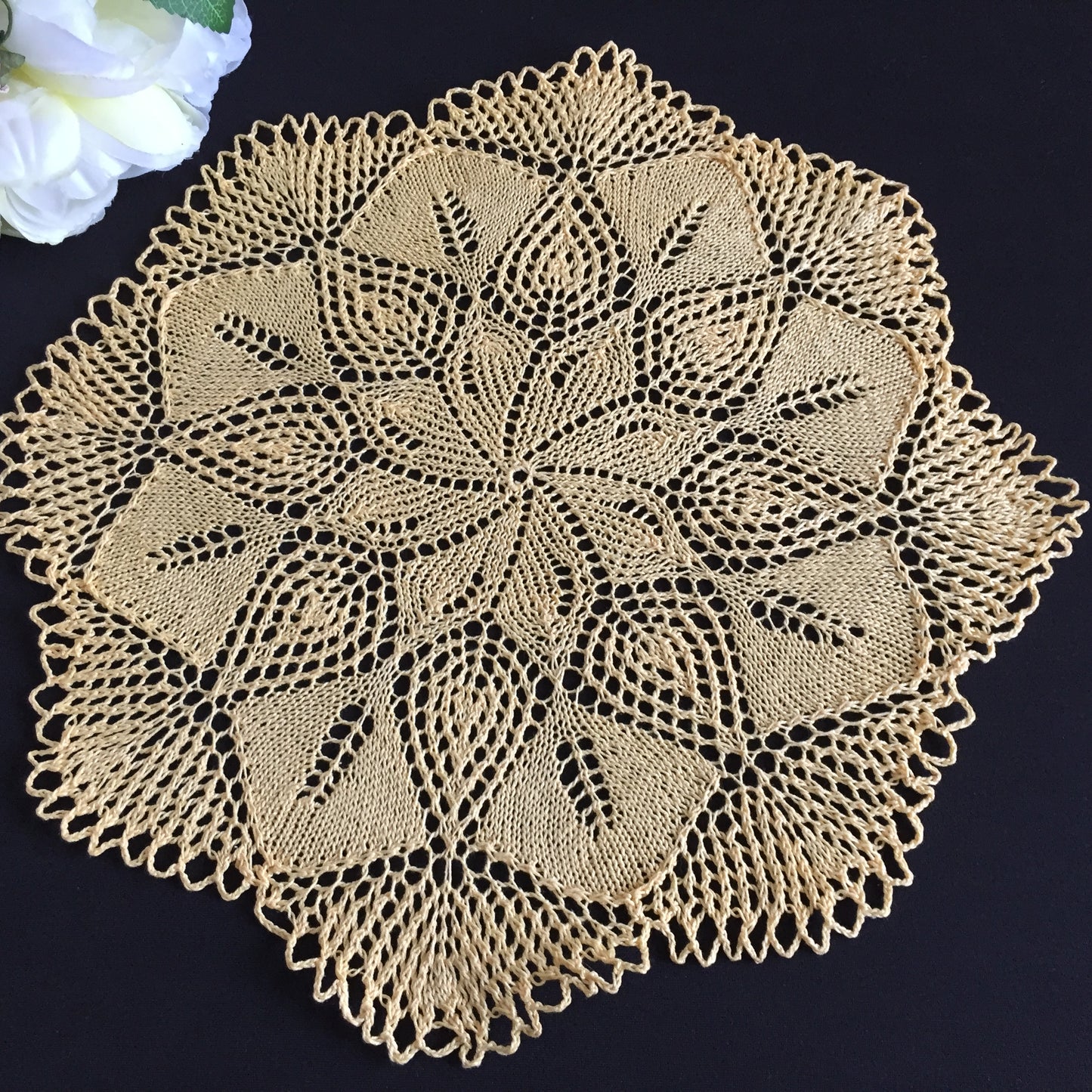 Hand-Knitted Orange & Yellow Cotton Lace Round Mid Century Vintage Doily